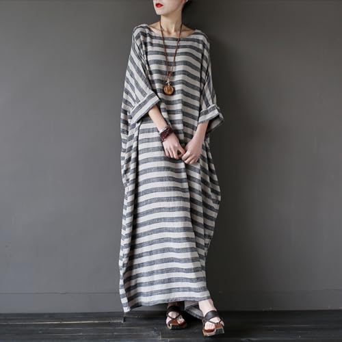 Image of LUZU JUNU Women Cotton Linen Caftan Robe Striped Casual Loose Bat Sleeve Long Maxi Dress