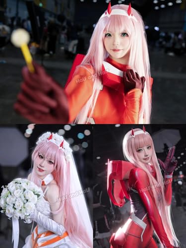 Image of Zero Two 02 Cosplay Wig & Headband 39'' Long Straight Light Pink Anime Wig | Pastel Pink Wigs with Bangs Synthetic Hair for Women Halloween Party Costumes