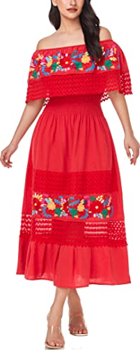 Image of YZXDORWJ Women Embroidered Mexican Peasant Casual Sexy Lace Off-Shoulder Long Dress