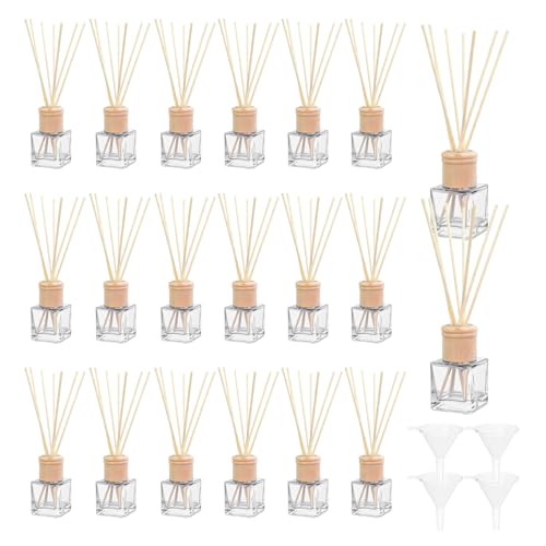 PEDOBALI 20 Pcs Reed Diffuser Bottle with Wooden Caps and Rattan Sticks 1.7 Oz 50 ml Refillable Square Glass Jars Fragrance Diffusion Empty Bottles for DIY Bathroom Bedroom