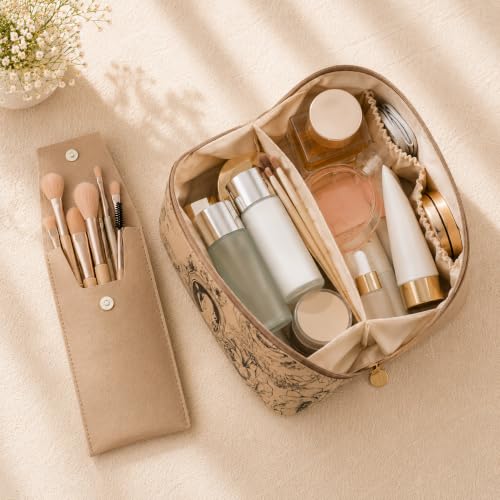 Image of Travel Makeup Bag with Make Up Brushes Makeup Bag Organizer Large Capacity Floral Cosmetic Bag for Women with Compartments Waterproof Leather Flat Open Portable Cosmetic Travel Bag with Handle Beige