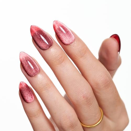 GLAMERMAID Magnet Cat Eyes Dark Red Press on Nails Short Almond, Handmade Jelly Gel Fake Nail Set, Ombre Glitter Magnetic Glue on Nail Stiletto, Scarlet Medium Oval Stick on False Nail Set for Women — view 5