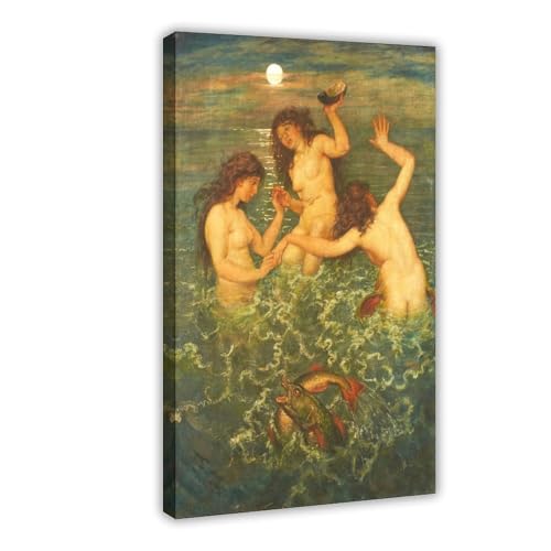 Toile vintage mythologique de sirènes triptyque haut de gamme en coton tissé