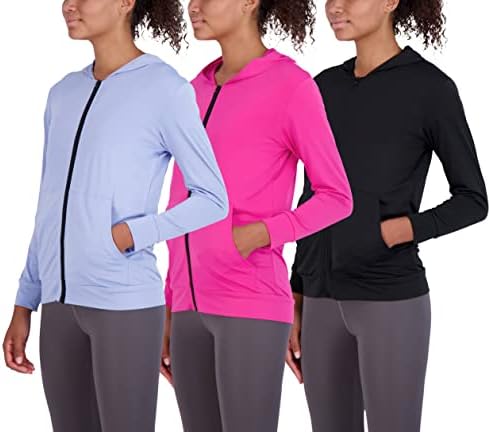 3 Pack: Womens Dry Fit Long Sleeve Full Zip Up Hoodie Jacket Ladies Athletic Running Track Workout Sports Yoga Pockets UPF Sun Shirt Rain Warm Sweat Up Winter Rain Lightweight Outerwear- Set 4, XXL