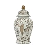 Galt International Brown & White Parrot Floral Chinoiserie Ceramic Temple Jar 18' w/Lid - Ginger Jar Home & Kitchen Decor for Interior Design