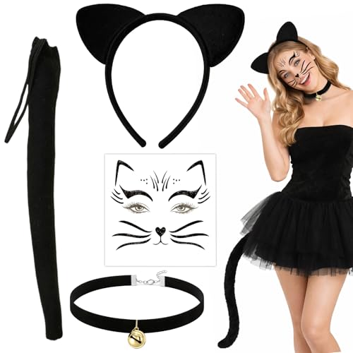 GWAWG Ensemble d'Accessoires de Costume de Chat Noir Serre-tête aux Queue Oreilles de Chat, Collier à Clochettes et Tatouage Visage pour Femmes Halloween...