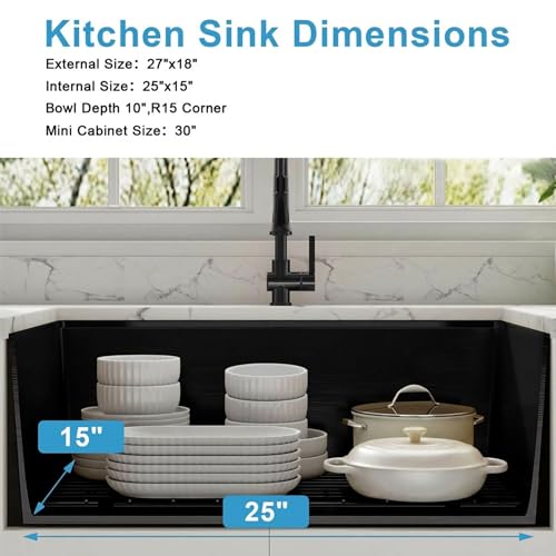 Image of 27 inch Undermount Kitchen Sink,16 Gauge Stainless Steel Black Kitchen Sink,Single Bowl Undermount Workstation Sinks (Black, 27 X 18 inch)