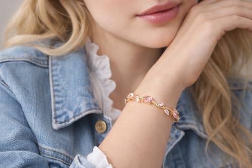 Image of H&K Jewels Tulip Golden Bracelet with Pink Oval and Marquise Crystal Stones, Floral Vine Style|Anti-Tarnish&Waterproof|Gift for Gf and Wife