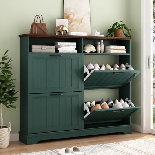 Image of Hidden Shoe Storage Cabinet with 4 Flip Drawers & Open Storage
