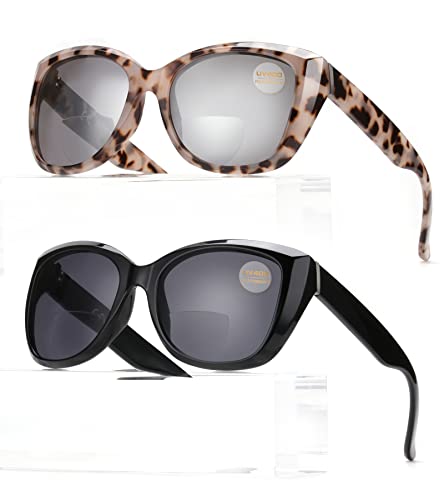 Glamorous 2 Pack Bifocal Wrap-Around Reading Glasses Sunglasses women Driving/Reading/Sunbathing Designer Jackie O Frame UV 400 Protection Outdoor Vintage Sun Readers No Line (Black & Leopard) 1.75
