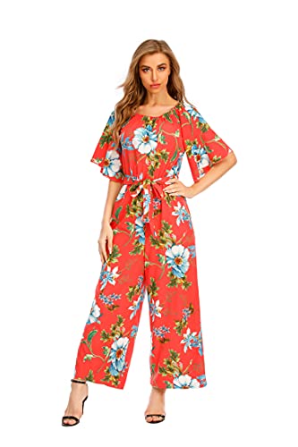 Love Welove Fashion Women's Summer Floral Off Shoulder Ruffled Short Sleeve High Waist Wide Leg Pants Casual Loose Jumpsuit Romper (Xxl, Watermelon Red Floral) #TOP5