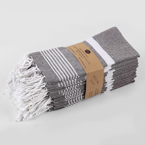 Cloth Napkins Set 12 Turkish Cotton Original, Decorative Boho Table Napkins for Dining Table Versatile Farmhouse Cloth Napkin for Dinner, Wedding and Parties (Grey with White Stripe, Pack of 12) Cover