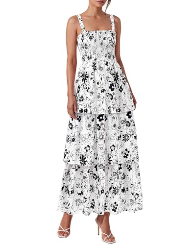BTFBM Spring Dresses for Women 2026 Floral Spaghetti Strap Wedding Guest Dress Maxi Beach Vacation Clothes(Floral White Black,Small)