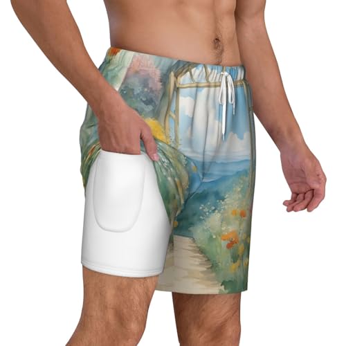 Season Watercolors of Herbs Flowers Men's Soft Double Swim Shorts, Lounge Swiming Shorts Pants Breathable Summer3