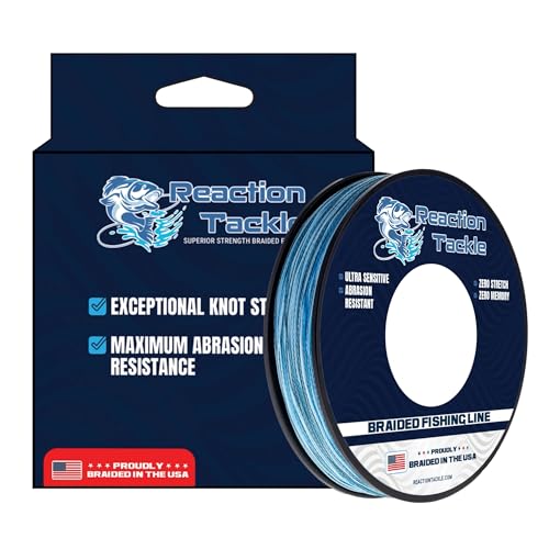 Reaction Tackle Braided in the USA Fishing Line, Abrasion Resistant Superline for Bass, Walleye and Catfish, Freshwater and Saltwater - 4X Blue Camo 50 LB (500 Yards)