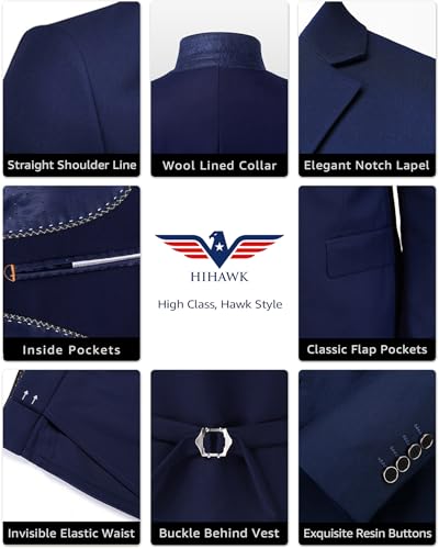 Hihawk Terno masculino de 3 peças com tecido elástico, conjunto de blazer de um botão slim fit, jaqu