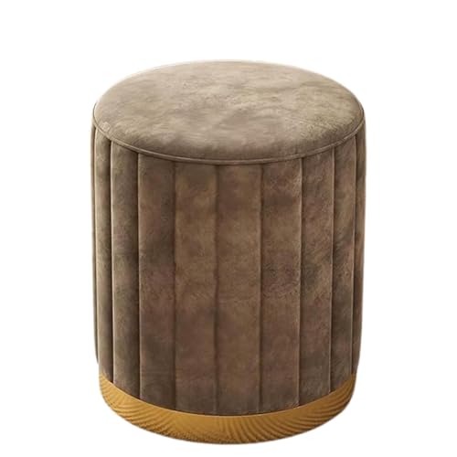 Image of Round Upholstered Velvet Ottoman Seating Stool with Gold Metal Base Multifunctional Makeup Vanity Chair Soft Compact Padded Foot Rest Stool for Living Room Bedroom Brown