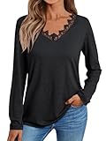 AUTOMET Long Sleeve Shirts for Women 2025 Fall Fashion Lace V Neck Loose Fit Casual Tops Trendy T Shirts Outfits Clothes Black S