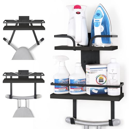 VINAEMO Ironing Board Hanger Wall Mount, 2-Layer Iron and Ironing Board Holder, Laundry Room Shelves Solid Wood with Removable Hooks Home Organization and Storage