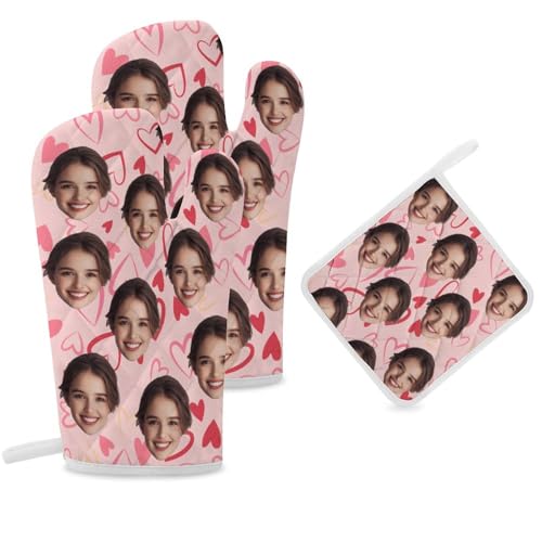 JJ GRADGOWN Ensemble Personnalisé de Gants de Cuisine et Maniques, Motif Imprimé, Résistant à la Chaleur, pour Les Amateurs de Cuisine et de Pâtisserie (Style - Visages rigolos)