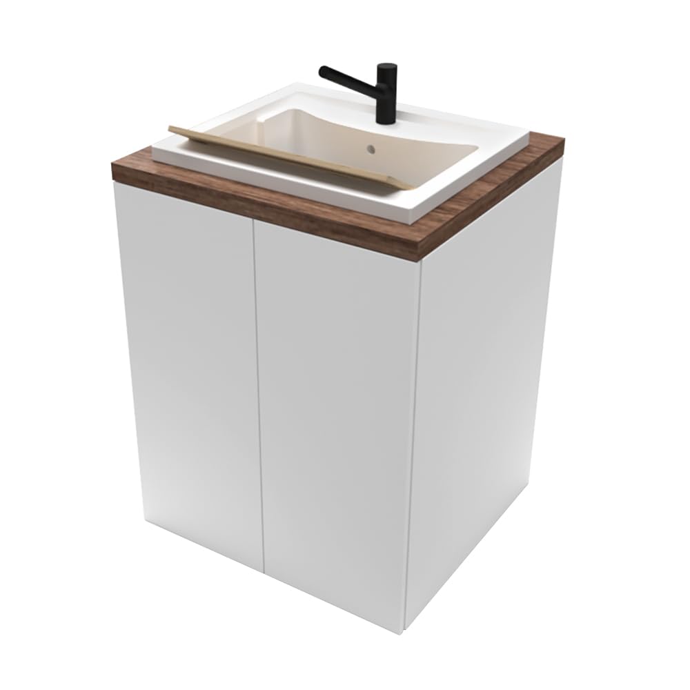 Mobile lavatoio 71x65 cm bianco e legno con vasca in resina e ripiano interno, in kit di montaggio con sifone e piletta di scarico incluso, WANDA