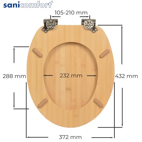 sanicomfort WC-Sitz Bambus mit Absenkautomatik | Toilettensitz aus Echtholz | Soft-Close | Antibakteriell, belastbar, oval, universell | Edelstahl-Scharniere – light