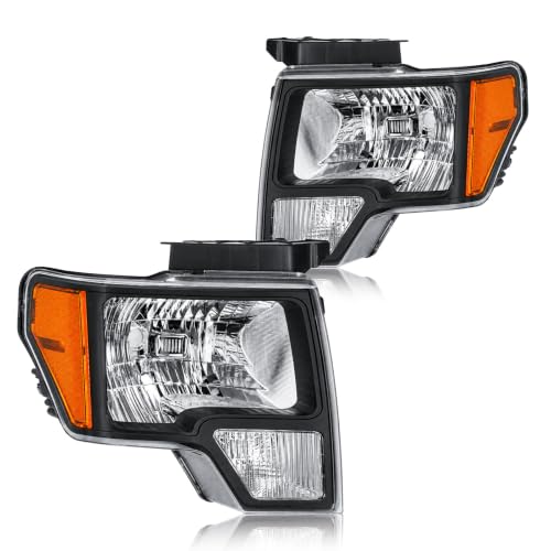 Image of Headlight Assembly for Ford F150 2009-2014 Driver Left & Passenger Right Side Replacement Black Housing Amber Reflector