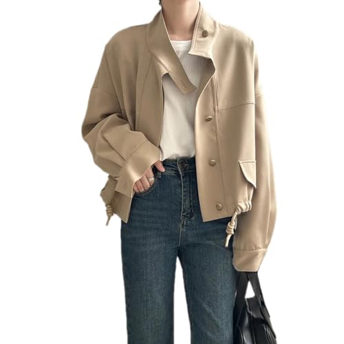 Women's Casual Jacket,Autumn Stand Collar Comfortable Loose Fit Solid Color Short Jacket with Drawstring Hem