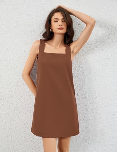 Image of Summer Linen Mini Dress for Women Sleeveless Square Neck Tank Shift Dresses Causal Backless Solid Short Sundress