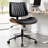 Ergonomic Armless Office Desk Chair - Mid-Century Modern Black Faux Leather with Diamond Stitch, Adjustable Height Swivel Rolling Task Computer Chair with Walnut Accent for Home Office, Study & Work