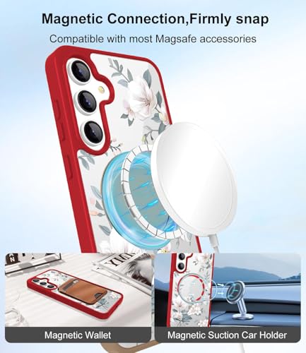 Image of VONZEE Compatible with Samsung Galaxy S25 Plus 5G Case Luxury Retro Flowers Floral Clear for Magnetic Wireless Charging Clear Case Shockproof PC+TPU Cute Glossy Shiny Cover for Girls Women, Red