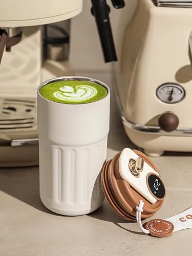 Image of 500ml Smart Temperature Display Coffee Mug with Leakproof Lid & Carry Strap, Portable Travel Cup for Tea, Coffee, Water, Office, Gym, School & Daily Use (T Brown)