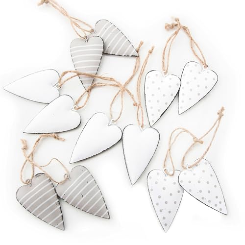 Corazones Decorativos Colgantes, Set de 12: Colgantes de Metal en Forma de corazón, decoración Primavera, para Boda, Verano, Bautizo, decoración de Ramas y Mesa, Beige y Blanco, 7 cm