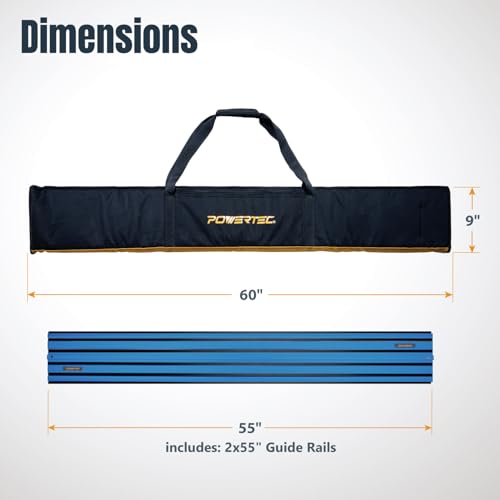 Image of POWERTEC 72152 110 inch Track Saw Guide Rail Joining Set with Protective Bag for DeWalt Track Saws | Includes 2x55 inch Guide Rails and (1) Guide Rail Connector for Woodworking Projects