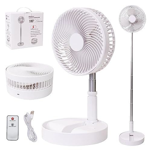 Ventilateur de bureau portable, pliable, sur pied, hauteur réglable de 36,1 cm à 99,1 cm, 4 vitesses et réglages de l&rsquo;heure, batterie rechargeable 7200 mAh, charge USB oscillante télescopique (blanc)