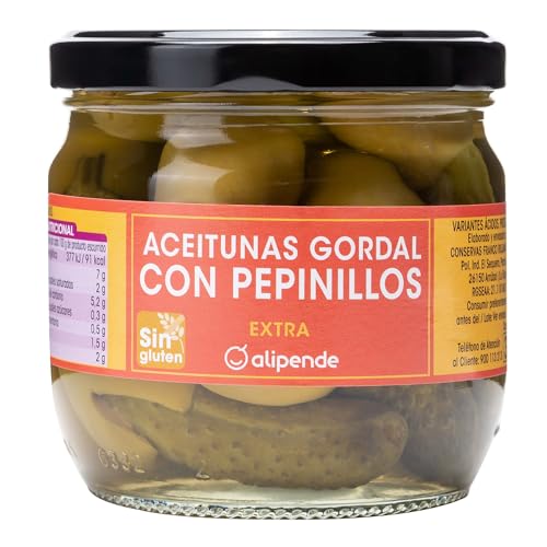 Alipende Aceitunas Gordal con Pepinillos Extra, Sin Gluten, 180g