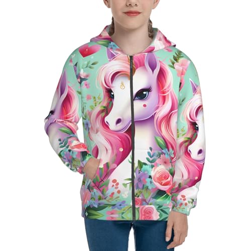 Pink Unicorn Print Girls Athletic Zip Up Hoodies,Sweatshirts with Pockets Long Sleeve Hooded Jackets, for 7-18 Y2