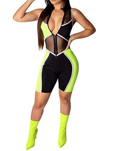 OLUOLIN Women's Long Sleeve Bodycon Sequins See Through V Neck Skinny Sexy Jumpsuit Romper