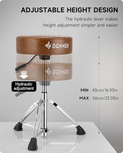 Donner Drum Throne Seat DT-150, Professional Drum Stool - Adjustable Hydraulic Height, Thick Padded Anti-Slip Cushion, Double-Braced Stability, Brown - image 3
