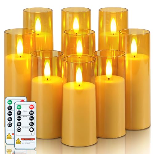 Image of Homemory Amber Acrylic Flameless LED Candles, Battery Operated with Remote Control and Timer, Electric Fake Candles for Wedding, Home Decor, Set of 9