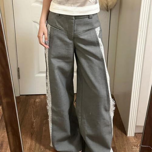 Grey Lounge Pants Loose Straight Leg Pants Hight Waist Lace Trim Pants Casual Streetwear Y2K Sexy Style4