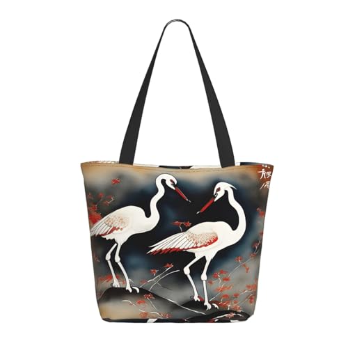YIJIAYUN Bolsa más gruesa, ligera y duradera, dos grúas japonesas volando pintura tradicional con cremallera, diseñadas para las compras diarias