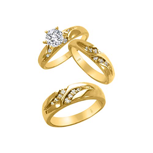 Trio Rings Set 14k Yellow Gold- 3-Piece Wedding Engagement Rings Band for Her and Him - Round Cubic Zirconia CZ for Couple Mens and Women - Anillos de Matrimonio.