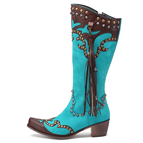 Image of YIYA Women's Star Cowboy Boots Black and White Cowgirl Boots with White Stars Pointed Toe Chunky Low Heel Pull-On Wide Calf Western Embroidered Boots