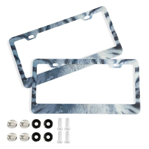 SDMKA Tiger with Blue Eyes License Plate Frames 2 Pcs 2 Holes Aluminum License Plate Frame Car License Plate Frames with Screw Caps, Elliptical Hole
