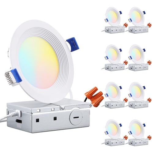 TORCHSTAR 8-Pack 5CCT 4 Inch Slim LED Recessed Lighting with J Box, Aluminum, Anti-Glare Baffle Trim, 7W 580LM, CRI90 Dimmable Ceiling Downlight, Air Tight & IC Rated, 27003000350040005000K, ETL&ES