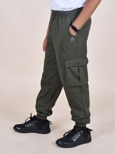 Image of KiddoPanti Boys Solid Fleece Cargo Track Pants | Cotton Poly Fleece Fabric | Ankle Length Jogger | 2 Cargo Pocket,1 Side Pocket | Elastic Waist & Drawcord | Jogger Track Pants