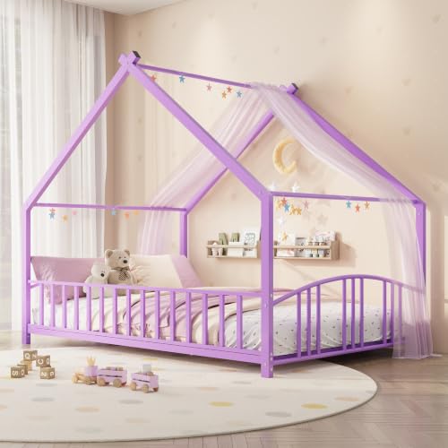 Image of Garvee Full Size Montessori Metal House Floor Bed Frame with Rail, Purple
