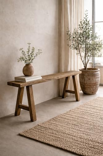 Image of Artissance Rustic Natural Wood Noodle Bench, Long Wooden Entryway Bench, Weathered Farmhouse Indoor Outdoor Seating, End of Bed or Dining Room Bench Decor