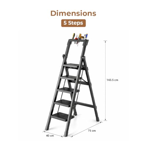 Image of HomeEssentials Foldable Ladder for Home | Heavy-Duty Steel with Large Platform | Wide Non-Slip Rubber Feet | Secure Lock Mechanism (5 Step)